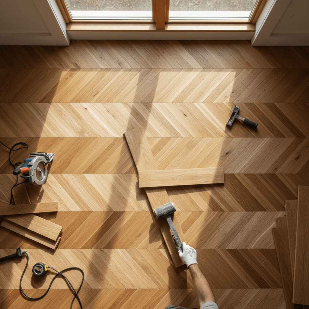 Industrial documentary aesthetic overhead shot of new hardwood flooring installation in progress, boards laid in herringbone pattern.
