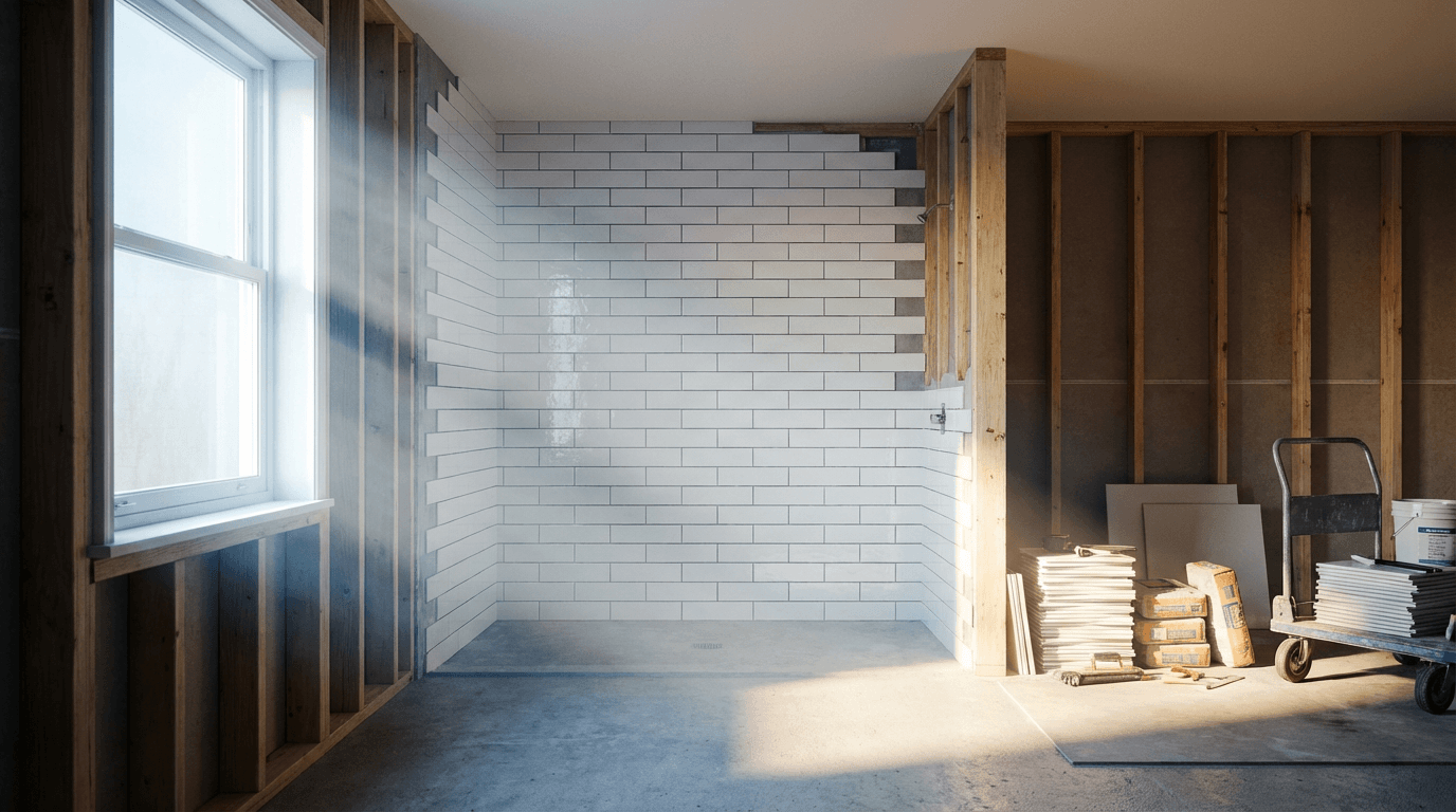 Newly renovated bathroom with tile work and modern fixtures