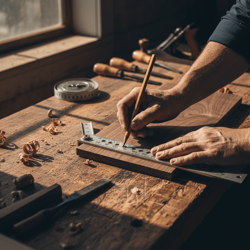 Carpenter measuring and marking wood with tape measure and pencil