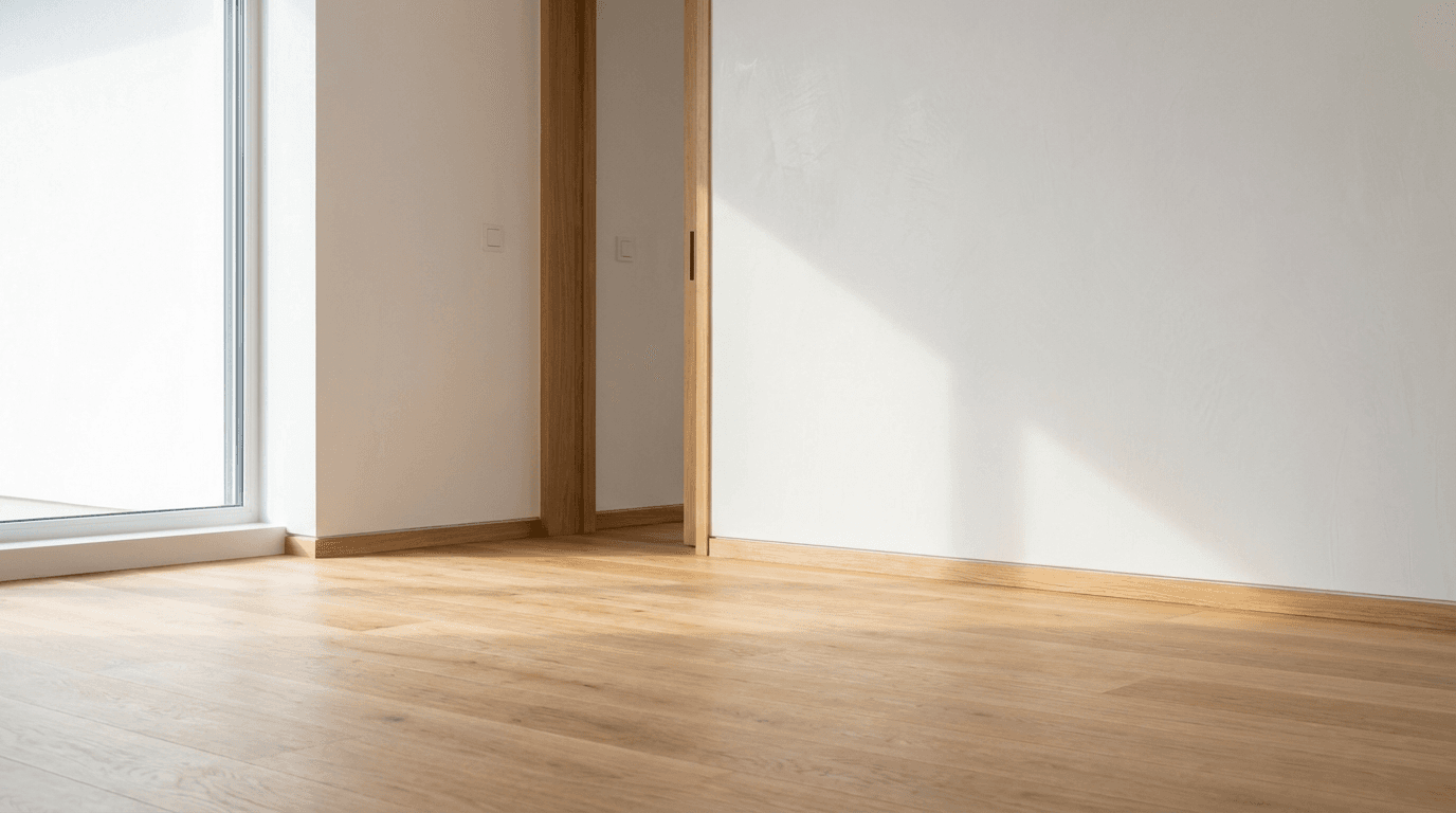 Completed bedroom addition with new flooring and windows