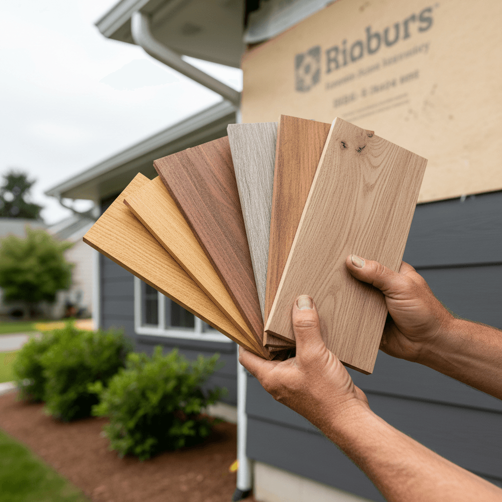 Vintage film photography aesthetic wide shot of a home exterior showing new siding installation, trim work, and entrance remodel.