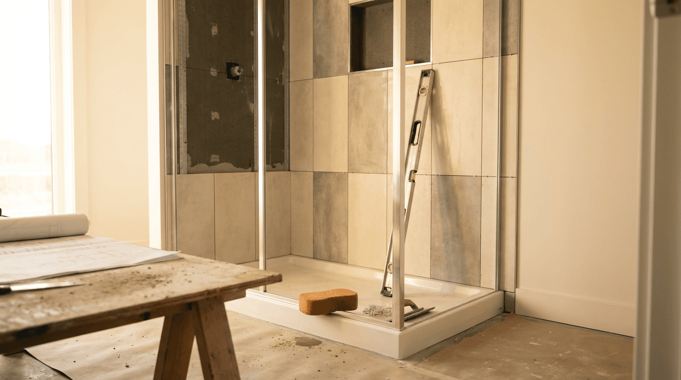 Completed bathroom shower with glass enclosure and new tile