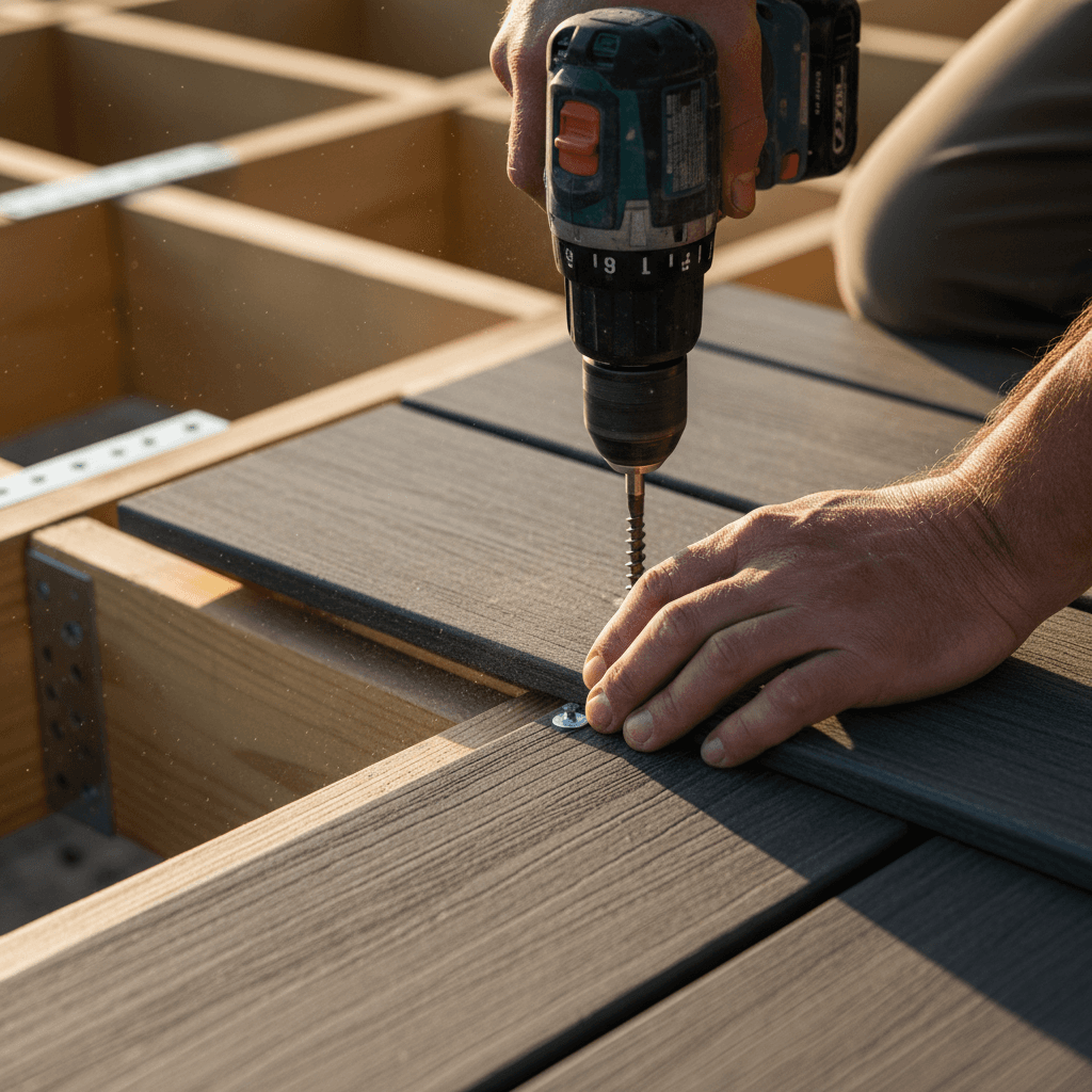 Close-up of builder's hands installing composite decking boards with power drill in afternoon sunlight