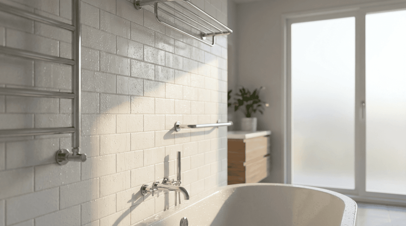Modern bathroom renovation with white tile and new vanity