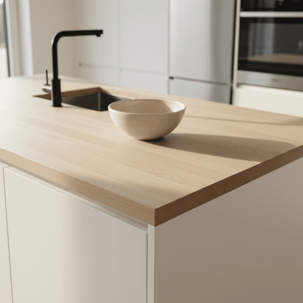 Newly installed kitchen countertop with wood cabinetry