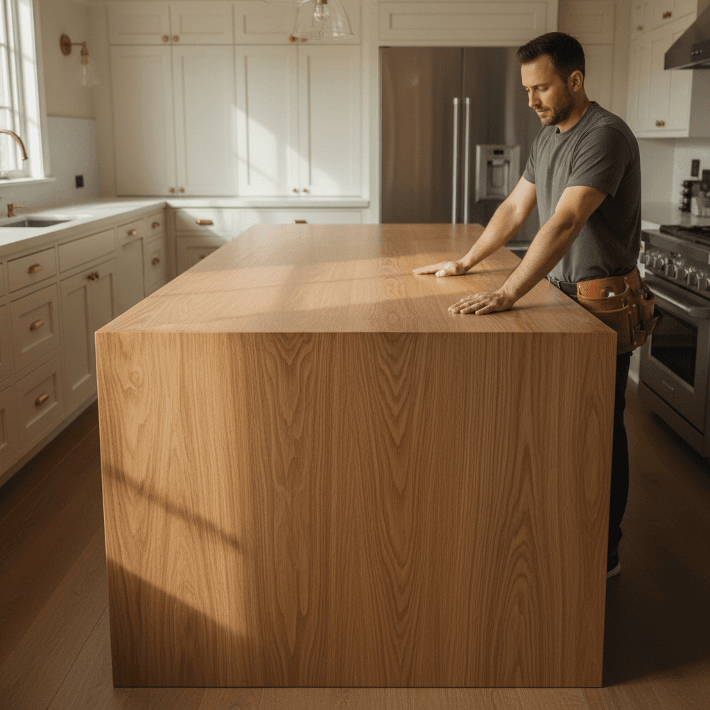 Close-up of contractor's hands on premium white oak kitchen island countertop with waterfall edge detailing and soft natural lighting