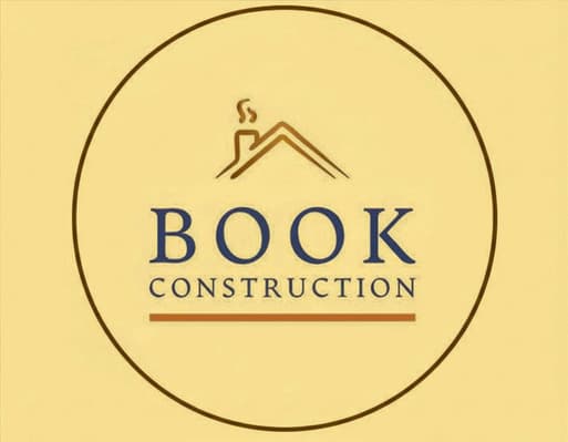 Circular logo for Book Construction featuring a minimalist house roof icon and blue serif lettering.