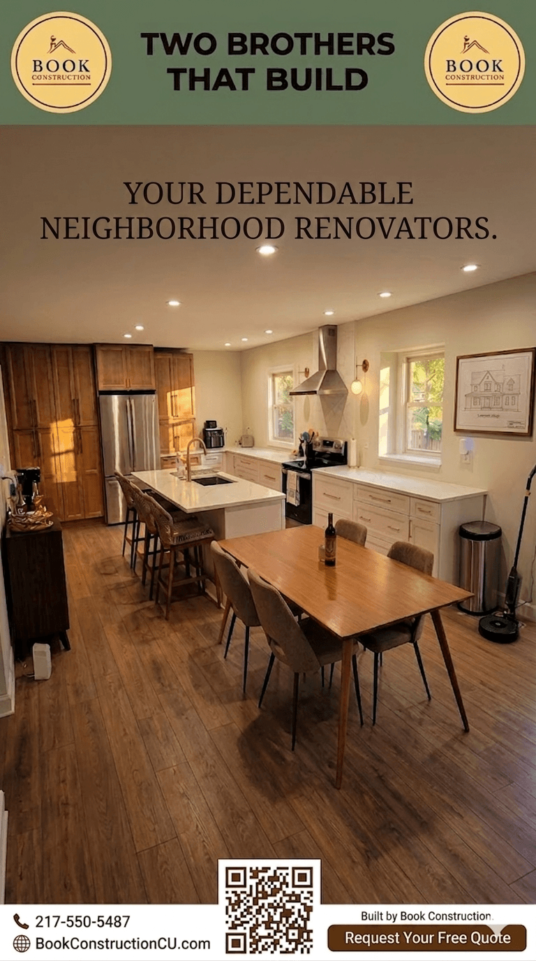 Modern kitchen and dining room renovation featuring white cabinets, a large island, and wood floors.