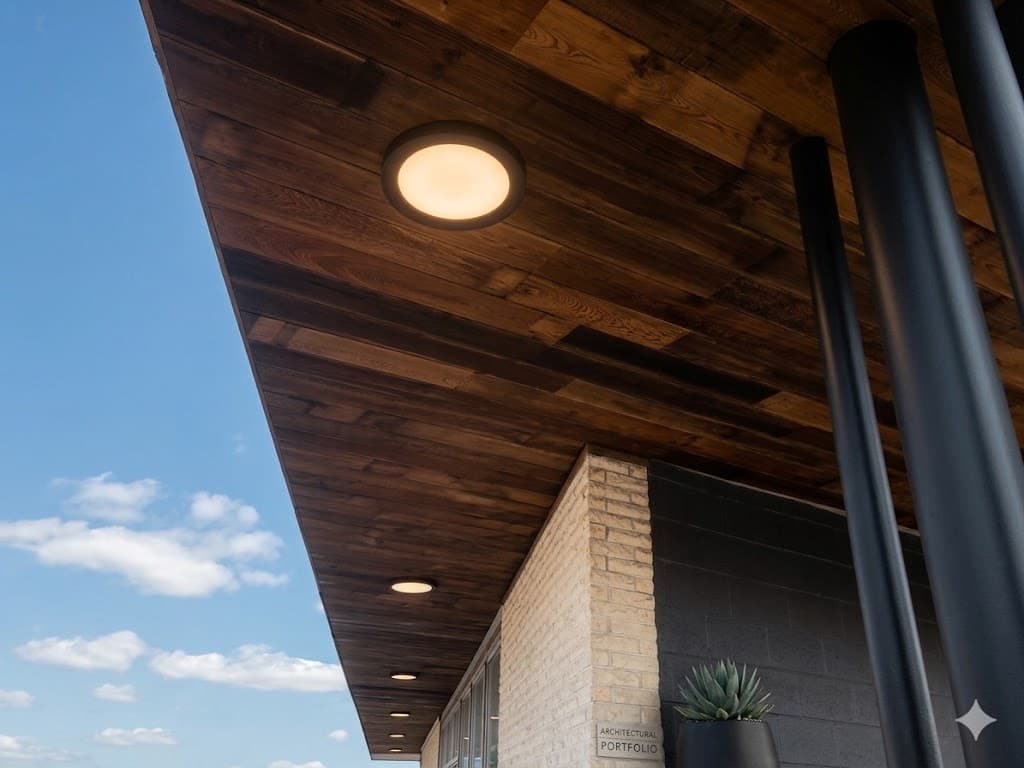 Recessed circular lights glow from a dark wood ceiling overhang against a blue sky.