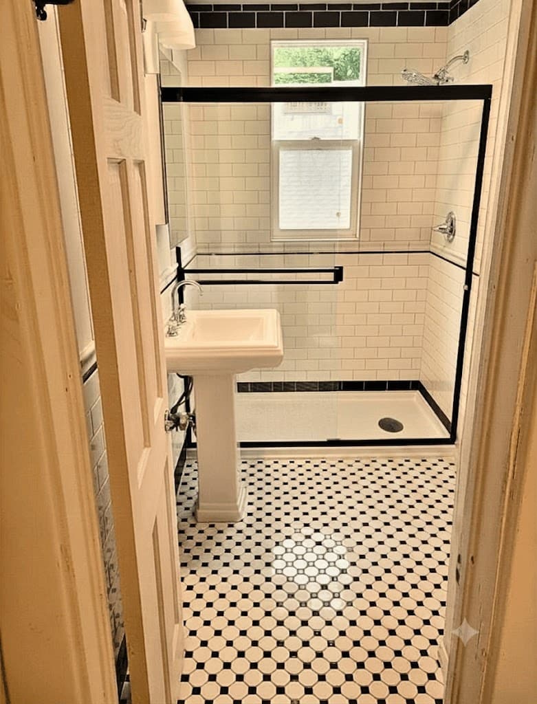 Bathroom with pedestal sink, glass shower, subway tile walls, and black and white patterned floor.