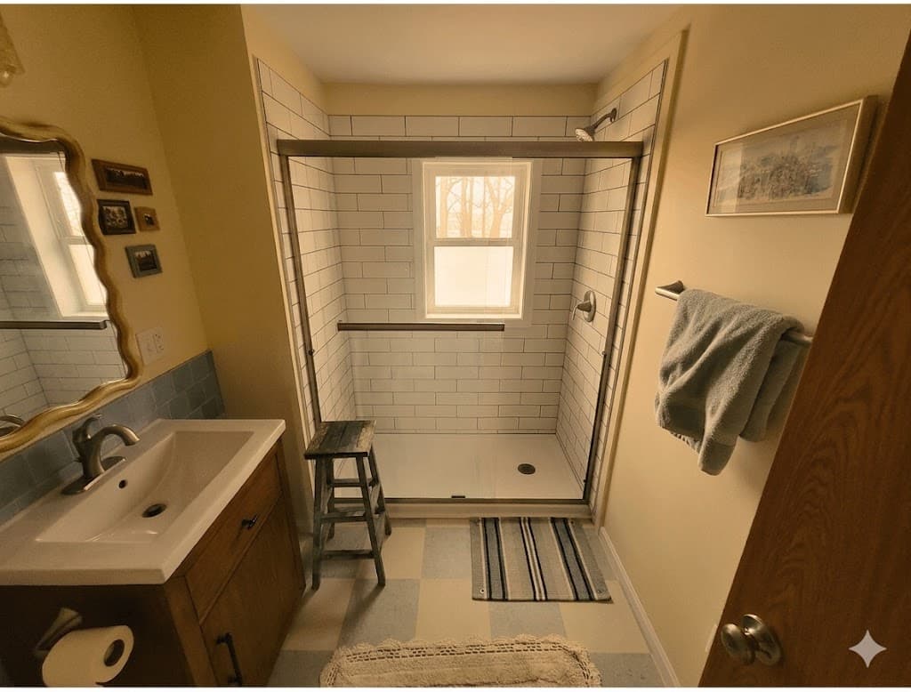 Warmly lit bathroom featuring a white subway tile shower, wooden vanity, and checkered tile floor.