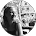 Circular black and white profile photo of a person's face with a bright, textured background.